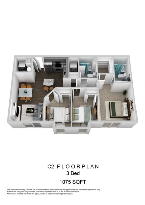 Floor plan for 3 beds, 2 baths, 1075 sqft